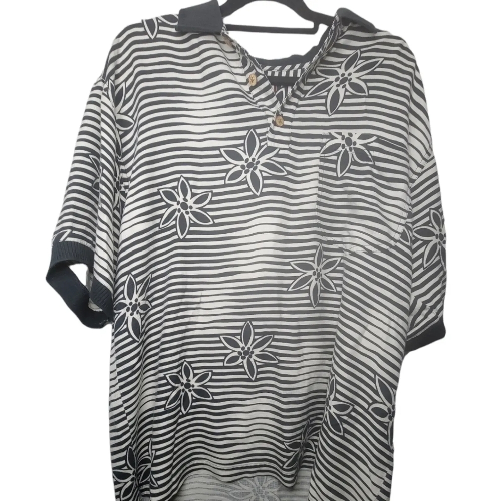 Tommy Bahama Black White Striped Floral Shirt